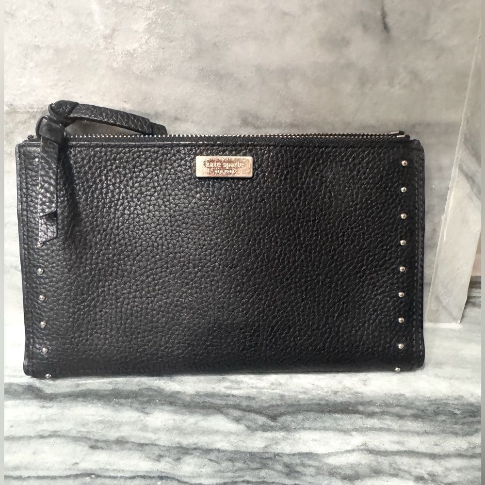 Kate Spade New York Black Pebbled Leather Double‎ Zip BiFold Wallet